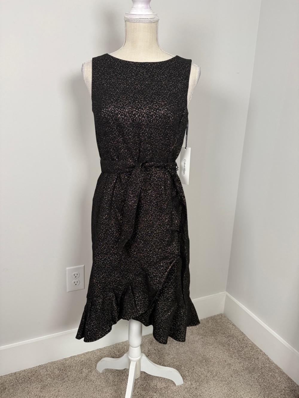 Calvin Klein Black Metallic Speckle Midi Dress with Tie Waist